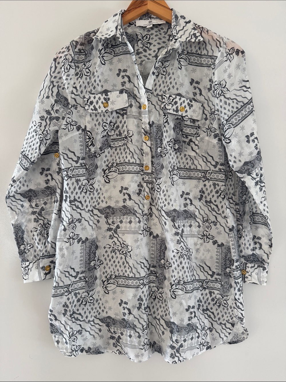 JEAN PIERRE KLIFA Tunic Top Womens Small Floral Print 1/2 Button Popover Gray